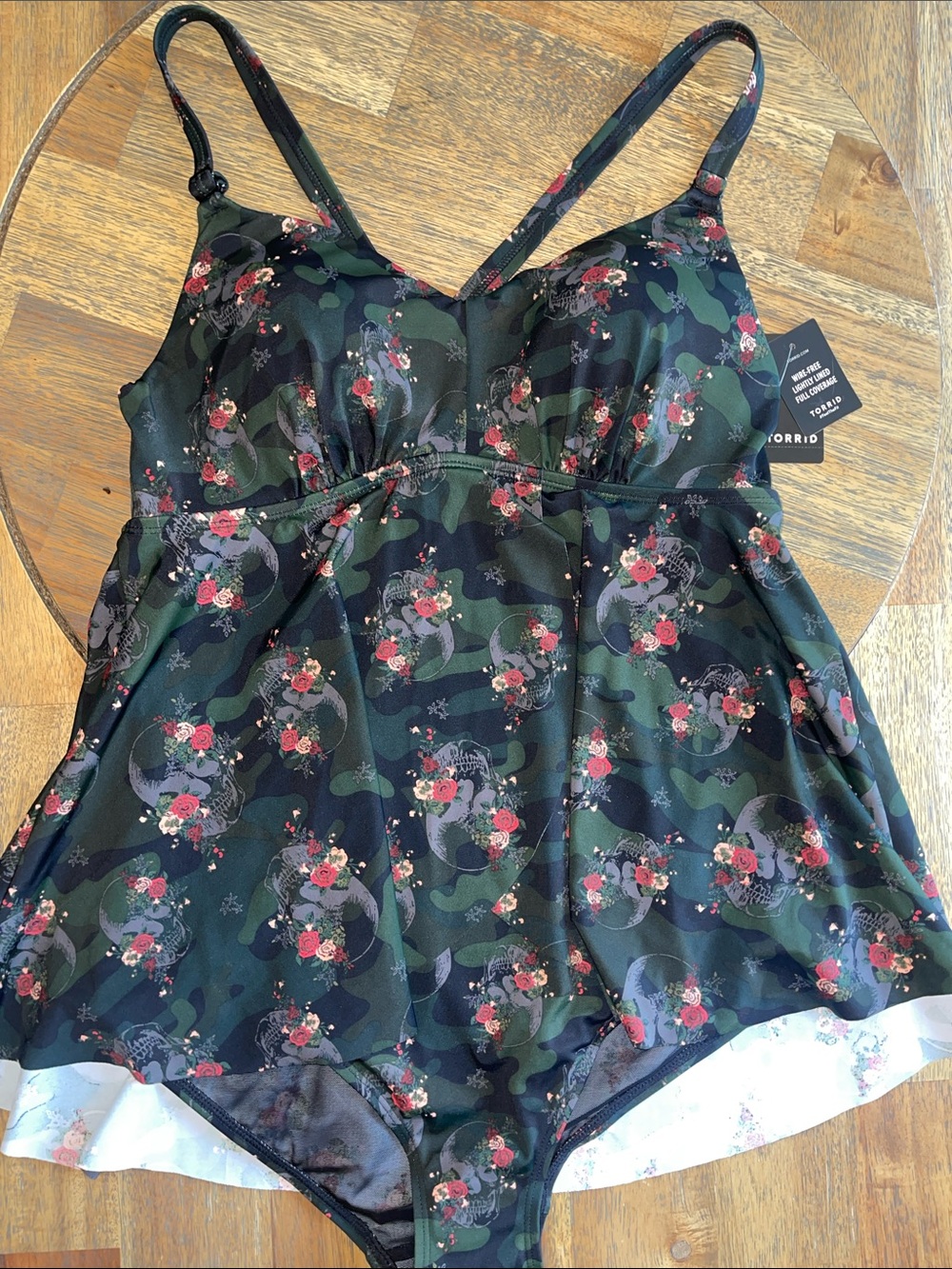 Torrid Skull and Roses Camo One-Piece Swimsuit Babydoll Swim Dress 00 M/L 10‎